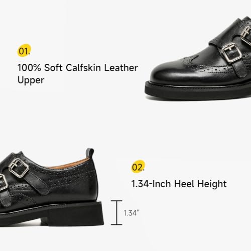 Image of BEAU TODAY Womens Leather Loafers, Monk Platform Loafer Shoes | Cowhide, Brogue Wingtip, Slip-on, Chunky Heel, Comfortable, Non-slip Durable, Business Casual Office Dress Shoes