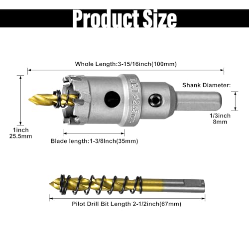 Image of SALI 1 inch (25.5mm) TCT Hole Saw Kit Tungsten Carbide Tipped Hole Saw Drill Bit with Titanium-Plated Pilot Drill bit for Metal, Stainless Steel, Iron, Wood, Plastic