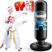 EQARD Boxsack Kinder Ninja Design Aufblasbare Boxsack für Kinder mit Boxhandschuhen 160cm Boxsack mit Ständer Boxsack für das Üben Karate Taekwondo MMA Kinder (Schwarz)