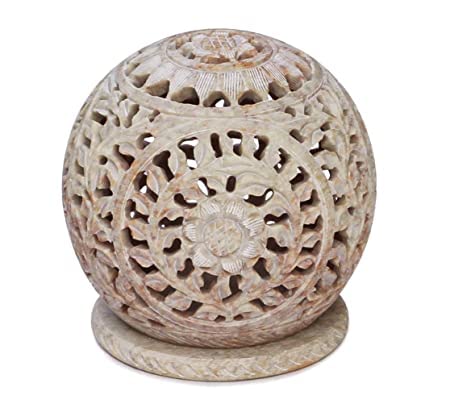 SHRI Hari Crafts Soapstone Tealight Holder with one Free tealight Best for Home & Office Decor Centrepiece for Party Lights & for Living Room/Bedroom (Flower Carving Design)