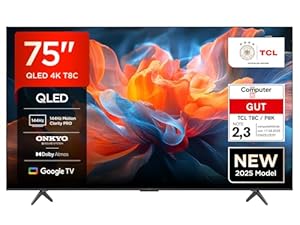 TCL 75T8C 75 Zoll QLED 4K HDR UHD Fernseher, Smart Google TV Dolby Vision Atmos,144Hz Motion Clarity Pro, Game Bar, ALLM, FreeSync, Onkyo 2.1 Sound,Sprachsteuerung, Kompatibel mit Google Assistant