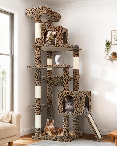 Globlazer Heavy Duty Leopard Cat Tree 70in Sturdy Cat Tree for Indoor Cats Sturdy Large Cat Tower with Scratching Post & Board Hammock 2 Cat Condo for Adult Cats Kittens F70 Pro Leopard Print
