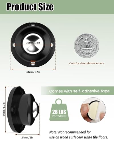 TRVL FIELDER Roues de roulette autocollante - 360° Roues pivotantes pour meubles - 1 Roulette en acier de pouce, 28 LBS Capacité de charge par roue, rouleau à profil bas pour bacs de rangement d'appareils (8 PCS, Noir)
