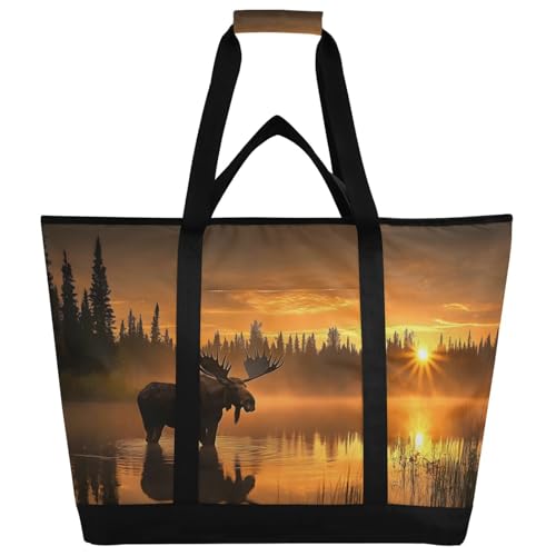 Sunset Moose Landscape Large Insulated Tote Bag for Grocery Shopping Reusable Tote Bags for Women Men, Cooler Bag with Zippered Top & Handles for Beach Picnic Travel