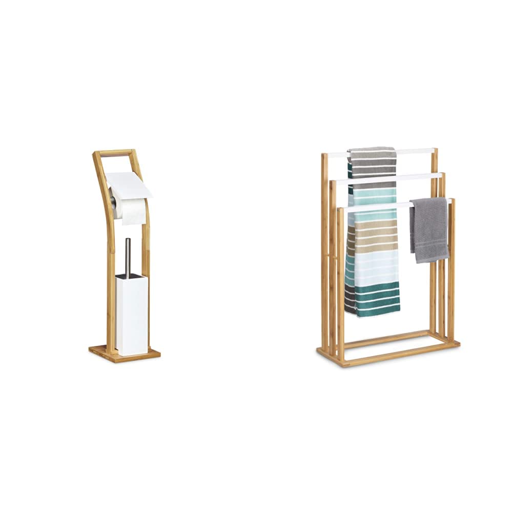 Relaxdays Stand WC Garnitur Holz HBT 75 x 19 x 19 cm, Natur weiß & Bambus treppenförmiger Handtuchhalter mit 3 Handtuchstangen als Elegantes Badaccessoire, 24 x 54 x 82 cm, weiß