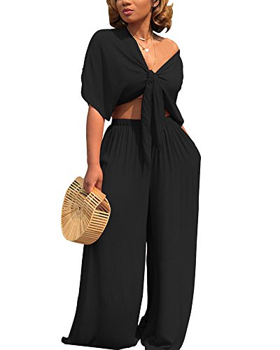 Aro Lora Women's 2 Piece Outfit Jumpsuit Short Sleeve V Neck Tie up Crop Top Wide Leg Pant Set Romper XX-Large Black
