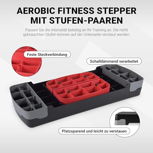 MSPORTS Steppbrett Home inkl. Übungsposter + Workout App GRATIS | 2 - Fach höhenverstellbar Studio Stepper (Schwarz)