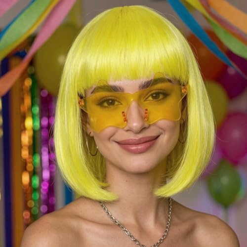 Image of ANOGOL Yellow Bob Wig with Bangs Short Yellow Wigs for Women Funny Costume