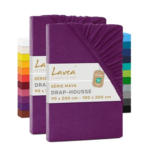 Lavea® Lot de 2 Draps-Housses 90x190/200 cm – Coton 100% Doux et Respirant – pour Matelas Épais Jusqu’à 20 cm – Jersey avec Élastique Tout Autour...