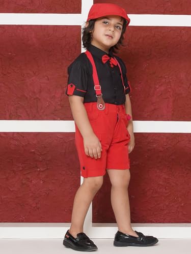 Image of AJ DEZINES Kids Clothing Cotton Blend Solid Shirt Shorts With Cap and Suspender Set For Boys