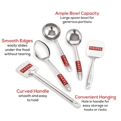 Image of HAZEL Stainless Steel Kitchen Tools - Set of 5 (Pastry Spoon, Tavetha, Ladle, Oval, Pan)