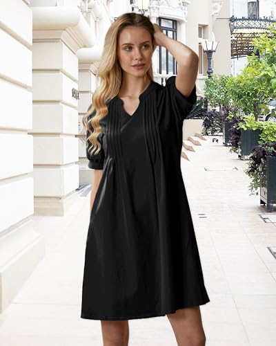 Image of Summer Dresses for Women 2025 Shift Dress V Neck Puff Short Sleeve T Shirt Dress Women's Casual Dresses Sundress
