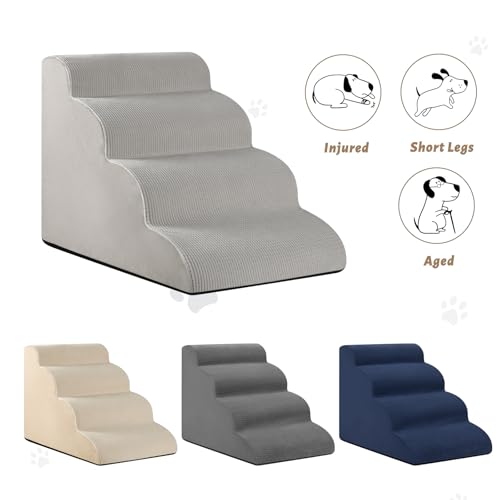 Image of Aodisman Dog Steps for Bed or Couch,4-Step Pet Stairs Ramp for Small Dogs | 17.4 inch H Indoor Non-Slip Dog Stairs Help Senior Dogs,Short-Legged Breeds,Puppies and Cats to Reach Beds and Chairs,Light Grey