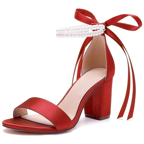 Image of Women's Open Toe Pearl Wedding Shoes for Bride High Heels Sandals Satin Bridal Block Chunky Heels Ankle Strap Prom Evening Party Pumps