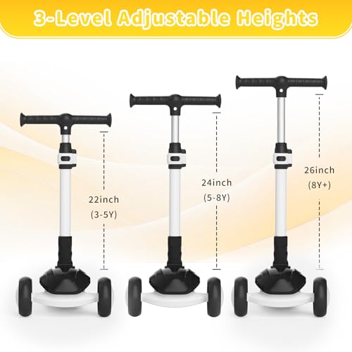 Image of SIMATE 3 Wheel Kick Scooter for Kids Ages 3-12, Light Up Wheels & 3 Adjustable Height Handlebars, Lean-to-Steer & Widen Anti-Slip Deck, Boys & Girls Gift
