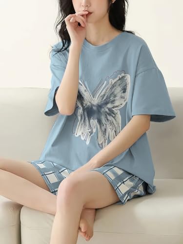 Image of Louis Luxe Cotton Blend Womens Korean Night Dress || Short Pyjama Set || Korean Nightsuit || Women Nightwear ||Round Neck Short Sleeve Nightsuit || Loungewear || Everyday Nightdress (ND-05)