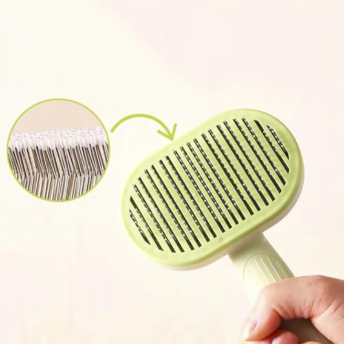 Image of Cat Brush, Dog Brush, Self Cleaning Slide Brush, Pet Grooming, SheddingHair, Fluffy Dog Hair Puppy Kitten, Pet Accessories. (Green)
