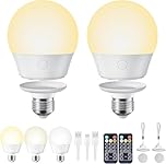 USB Rechargeable Light Bulb with Remote and Timer, Battery Backup Bulb for Sconces and Lamps, Portable Night Light, Emergency LED Light, E26 Detachable Charging, 3 Lighting Colors, Dimmer, 7W, 2 Pack