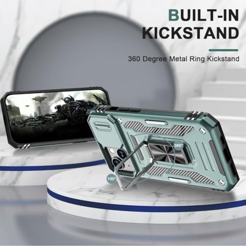 Image of Polycarbonate Back Cover Case Compatible for Apple iPhone 15 with Slide Camera Cover & Rotated Ring Kickstand | Military Grade Mobile Phone Cover Case for Apple iPhone 15 (Green)