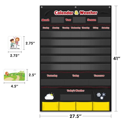 Image of Calendar and Weather Pocket Chart, Classroom Organized Chart, 149 Pieces (Black)