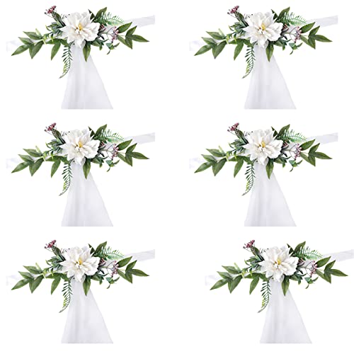 Lot de 6 décorations de chaise d'allée de mariage avec gaze de 1,5 m, fleurs artificielles violettes pour chaise d'église, banc, décoration de cérémonie de mariage