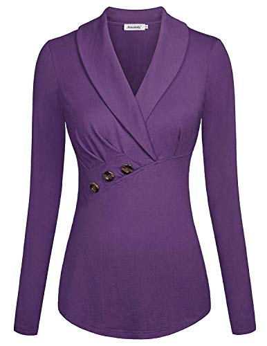 Ninedaily Womens Tops Long Sleeve, Dressy T Shirts V Neck Casual Tunic Hoodies Sweatshirts Elastic Bottom Elbow Patch Embroidered Empire Waist Petite Blouse Henley Polo Shirts Purple M