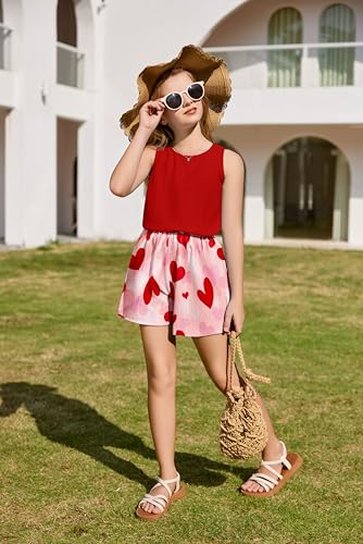 Image of Arshiner Girls Summer 2 Piece Outfit Sleeveless Top and Paperbag Waist Shorts with Pockets Kids Shorts Set Ages 5-13