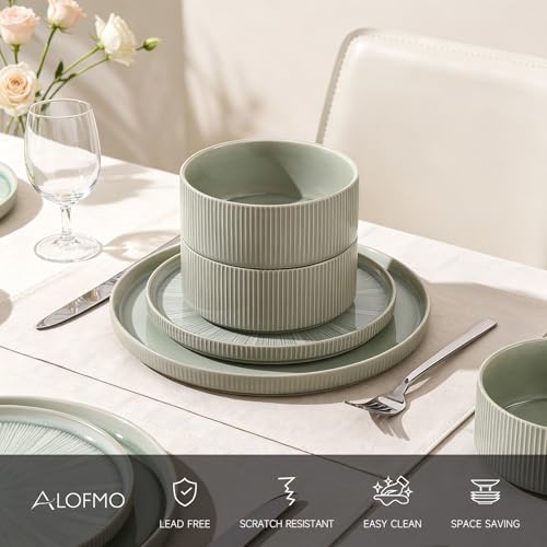 Image of Dinnerware Sets, Ceramic Plates and Bowls Set 12 Piece Dinnerware for 4 Chip Resistant Stoneware with Advanced Inkjet Printing Technology, Dishwasher and Microwave Safe-Sage Green