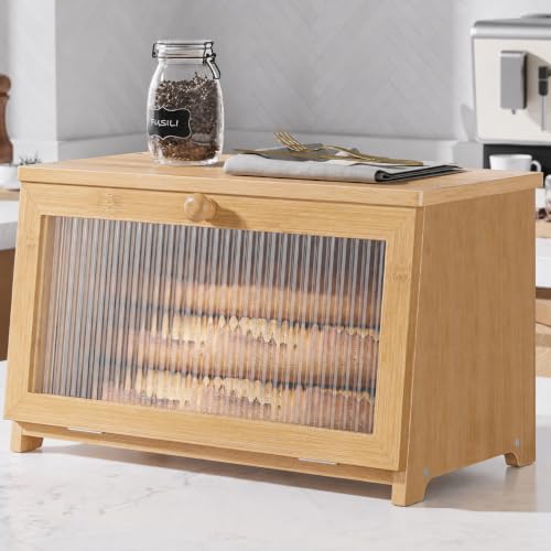 Kitsure Bambus-Brotkasten, Brotbox mit Acrylfront, 38 × 21 × 23 cm, Natur – Ansicht 1