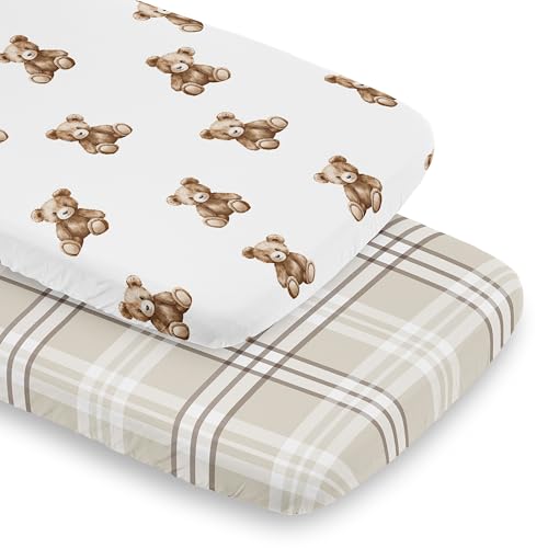 Image of Sweet Jojo Designs 2-Piece Baby Bassinet Sheets Set (Boho Teddy Bear) for Boys /Girls, Infant Newborn Nursery, Oval, Rectangle & Hourglass Mattress (Taupe Plaid & Brown, Watercolor Wholesome Aesthetic)
