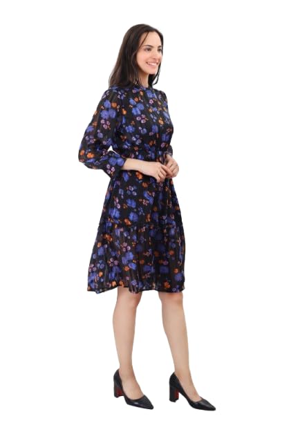 Image of A-Line Floral Printed Fit & Flared Western Brown Dress for Women | One Piece Midi Dress for Women Stylish Western Printed Dresses