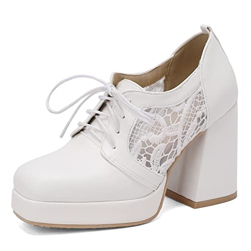 SEIFIN Women's Block High Heel Platform Pumps Square Toe Lace Up Ankle Booties Chunky Wingtip Oxford Dress Shoes