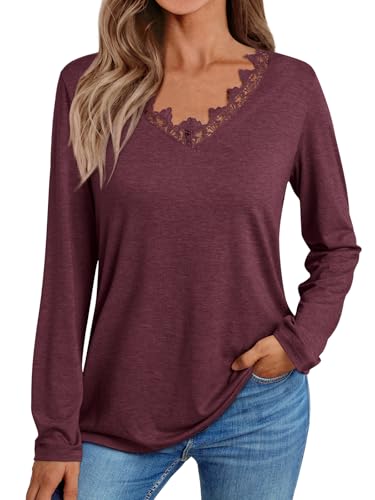 AUTOMET Long Sleeve Shirts for Women 2025 Fall Fashion Lace V Neck Loose Fit Casual Tops Trendy T Shirts Outfits Clothes