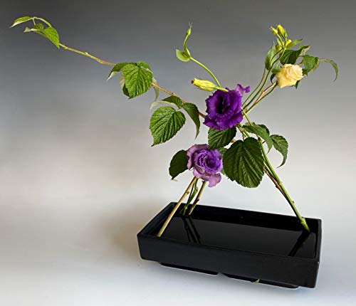 Ikebana Flower Vase, Japanese Rectangular Ceramic Suiban, Raised Base