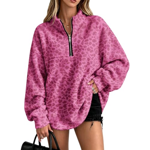 Jielayou Quarter Zip Pullover Women Leopard Flannel Comfortable Sweat Shirt - image 1