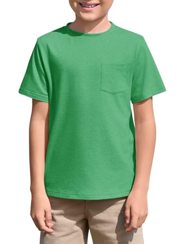 Haloumoning T-shirt à manches courtes et col rond pour enfant - Uni - Léger - Coupe droite - T-shirt de sport décontracté - Avec poche de poitrine - 5-14...