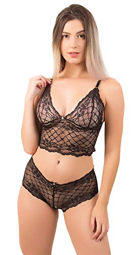 Conjunto Lingerie Baby Doll em Renda, Preto (G)