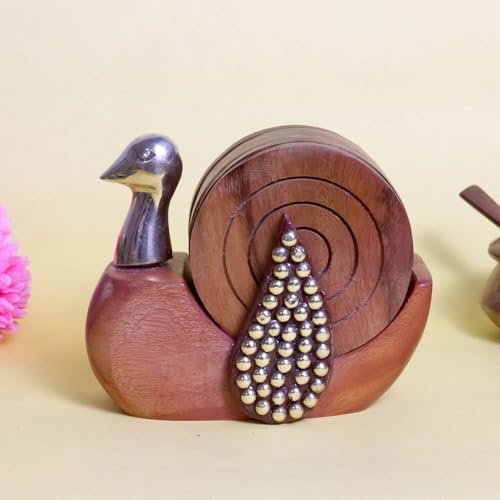 Image of Saras Aajeevika 6 Pc Set of Handmade Wooden Round Curved Coaster /Coster with Brass Kettle Shape Holder for Kitchen Decor Hot Pots, Tea Cups, Coffee Mugs, Glasses Coaster Sets (Design 2)