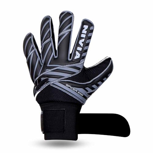 Image of Nivia Spider Black Goalkeeper Gloves for Men & Women, Hyper Grip Latex Palm, Embossed Cushioned PVC Backhand, Positive Cut, Airculated Sweat Management Design, Black(Medium)