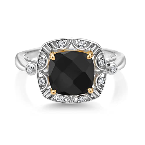 Gem Stone King 925 Sterling Silver and 10k Yellow Gold Black Onyx and White Lab Grown Diamond Engagement Ring For Women (2.18 Cttw, Cushion Checkerboard Cut 8MM, Available 5,6,7,8,9)3