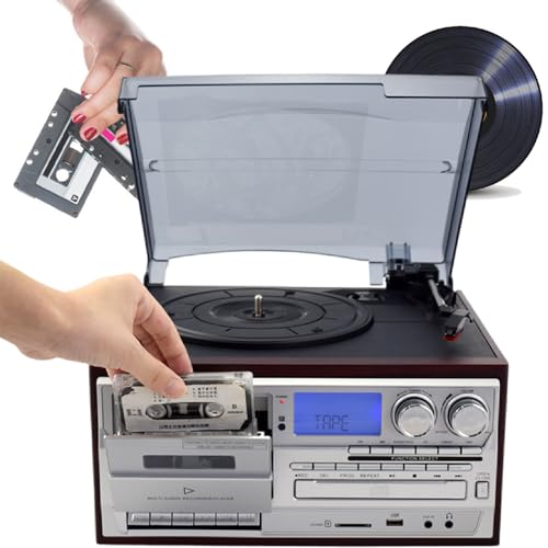 XEEAOFE Giradischi Bluetooth A 3 velocità con Riproduzione CD/Cassette, Radio Am/FM, Riproduzione USB SD/Mmc, Giradischi in Vinile,Silver-220V