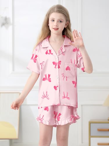 QZH.DUAO Girls Satin Pajamas Set Button Down Silk 2 Piece Pj Sets Ruffle Short Sleeve Sleepwear3