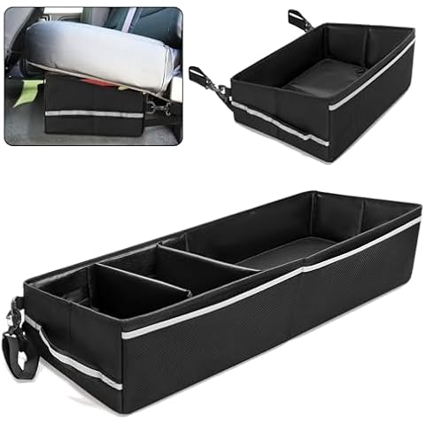 GRAOSO Trunk Under Seat Storage Fit for Super Crew, Tool Organizer Box Under Rear Seat for Three Seats with Removable Bottom Boards, Side Handles and Hook Snap Fix Straps, Black Cover