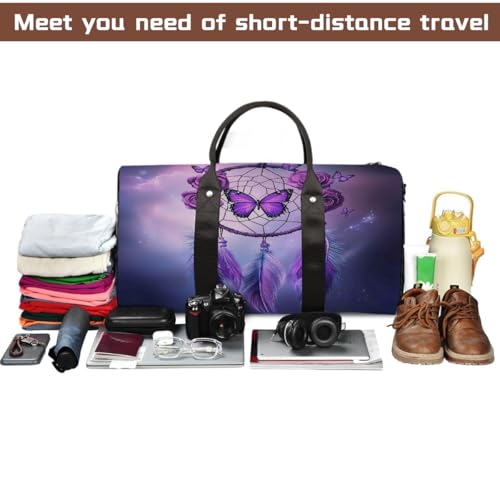 Purple Butterfly Rose Dream Catcher Travel Duffel Bag Sports Tote Gym Bag Waterproof Tear-Resistant Carry On Overnight Bag Foldable Weekender Bag for Gym Travel Getaway Beach Sports4