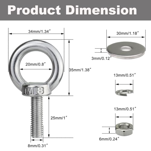 Image of M8 Stainless Steel Eye Bolts with Nuts 4 Pack, 5 /16 inch x 1 inch Lifting Ring Eye Bolt for Tire Swing Boat (Metric M6 - M14 x 1 2 4 6 inch Available), Threaded Shoulder Eyebolts Hang Tie Down Outdoor