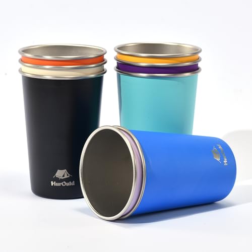 HurOutd 8 Pack Stainless Steel Cups 16oz - Colorful Stackable Metal Drinking Glasses for Camping,...