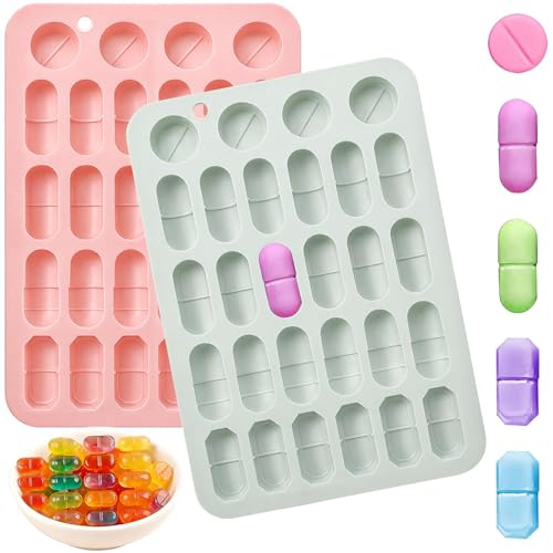 2PCS Silicone Pill Mold Trays for Making Pills 5 Size Capsule Shaped Candy Molds for Chocolate & Pill Molds for Making Pills Capsule Silicone Filling Fillers Presser Maker