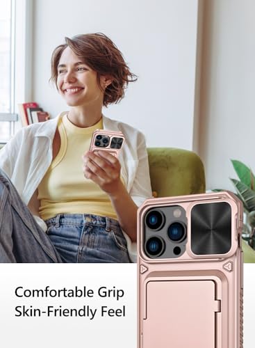 Vihibii for iPhone 15 Pro Max Case with Card Holder (4 Cards) & Slide Camera Cover & Kickstand, Military Grade Drop Protection, Rugged Hard Back & Silicone Edge Wallet Phone Case, 6.7\" 2023, Rose Gold - Thumbnail 7