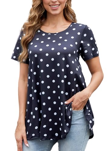 splensive Plus Size Tops for Women - Summer Short Sleeve Tunics Loose Fit Dressy Casual Long Swing Flowy Lady Blouses Shirts Wear with Leggings Black Polka Dot