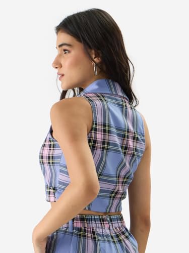 Image of The Souled Store Lilac Blossom Women and Girls Sleeveless Collared Neck Slim Fit Checkered Cotton Cropped Tops
